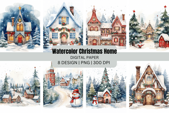 Download Watercolor Christmas Home Digital Paper - Digital paper Collection