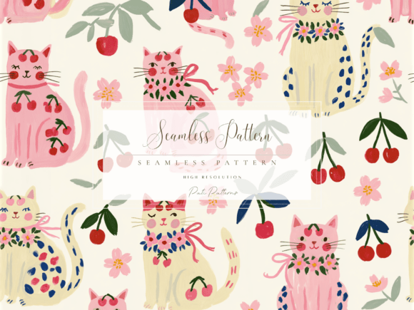Download Cute Cherry Cat Seamless Pattern PNG for Kids - Seamless pattern Collection