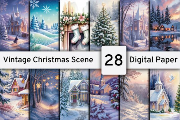 Download Vintage Christmas Scene Digital Paper - Digital paper Collection